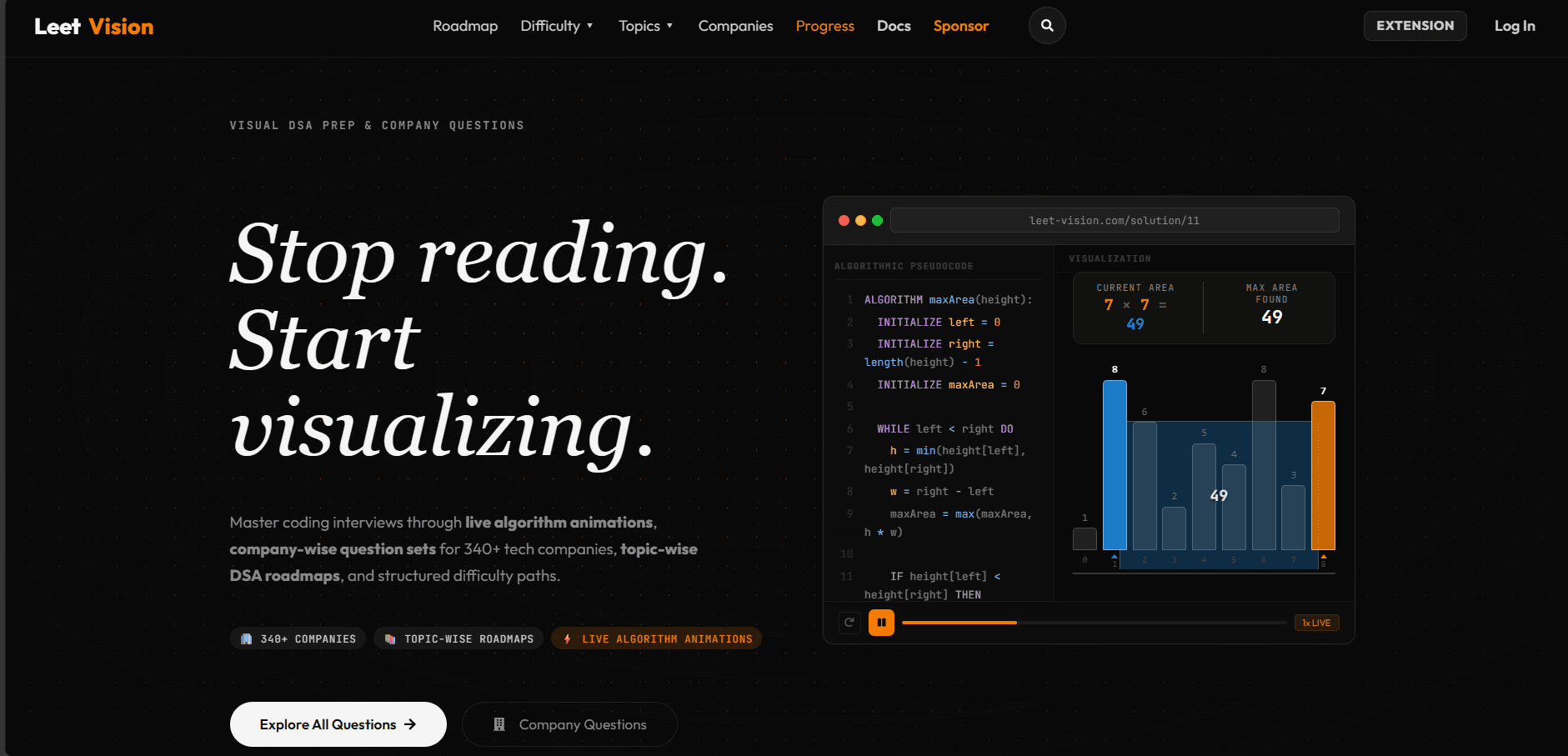 LeetVision homepage: “Get access to hundreds of coding solutions available” on a dark background